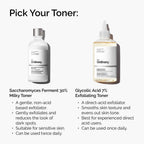 Comparison of The Ordinary toners. The Saccharomyces Milky Toner is a gentle, non-acid exfoliator for sensitive skin. The Glycolic Acid 7% Toner is a direct-acid exfoliator for experienced users to smooth texture.
